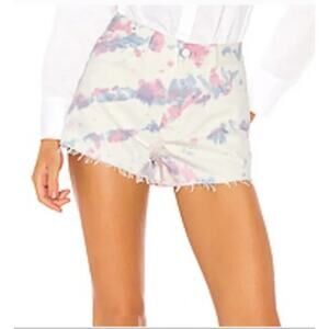 Grlfrnd Women Cindy Shorts Size 24 Sugaree Tie Dye White Denim Pink Raw Hem Jean